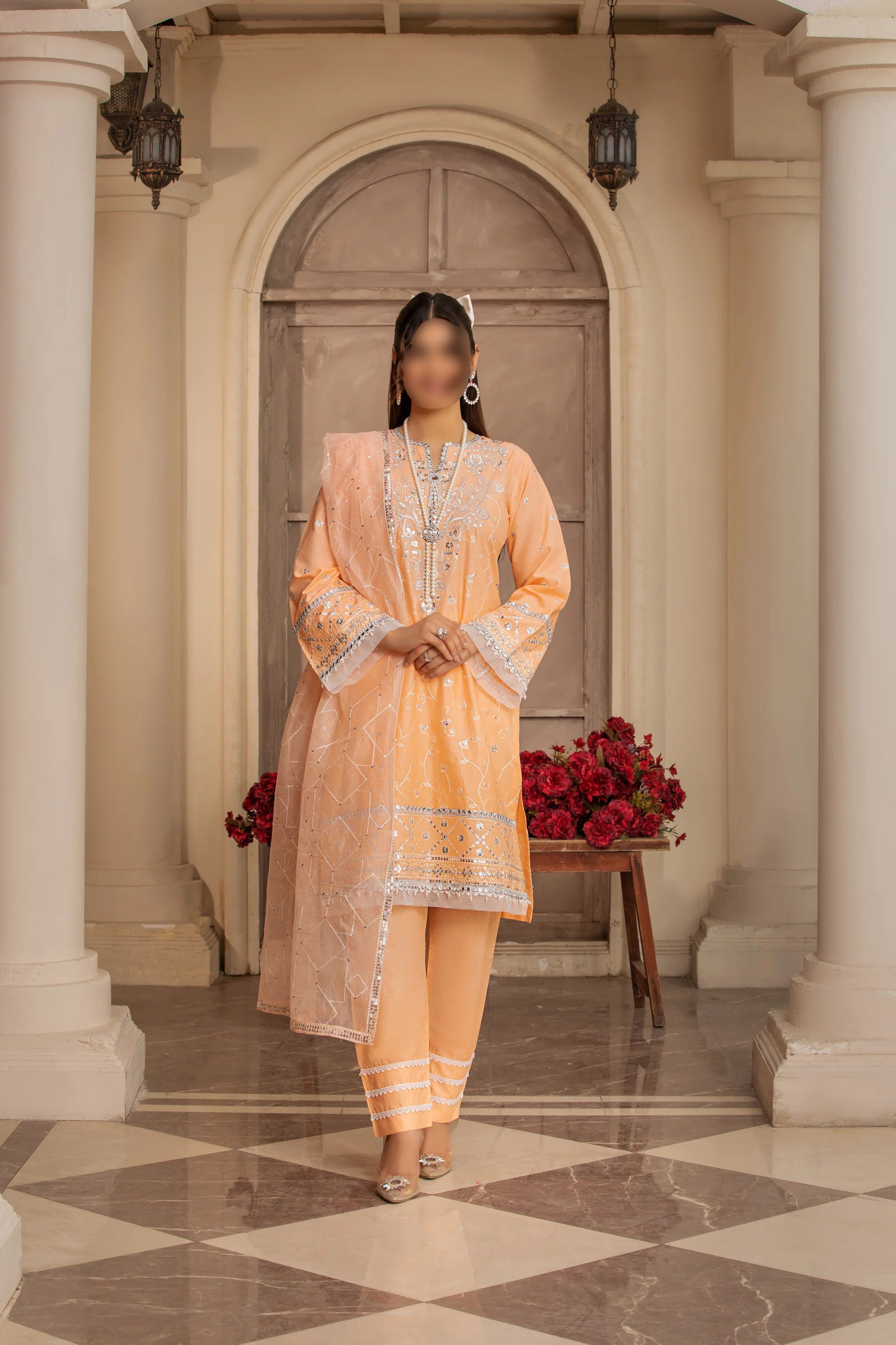 Peach Traditional Wear - Embroidered 3-Piece Set