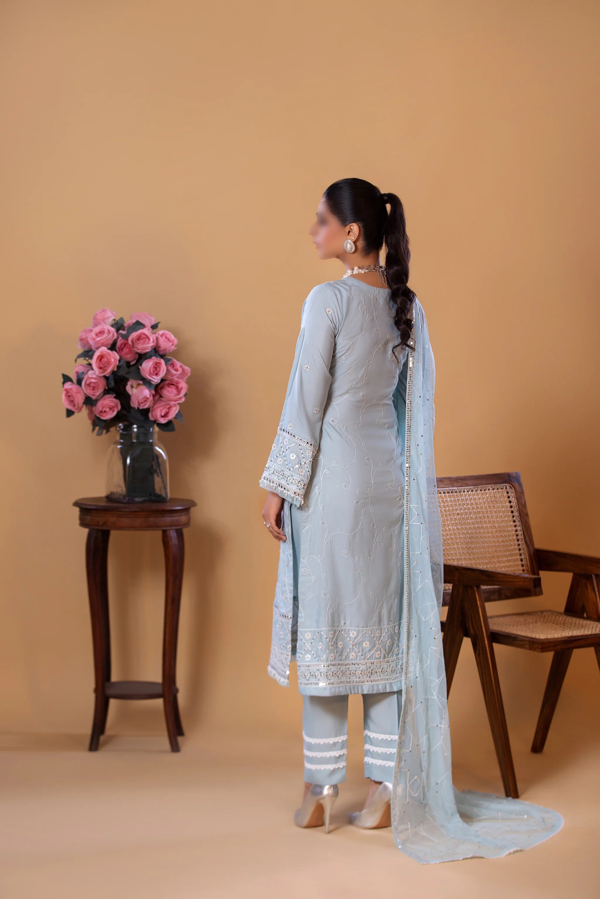 Sky Blue Traditional Wear - Embroidered 3-Piece Set