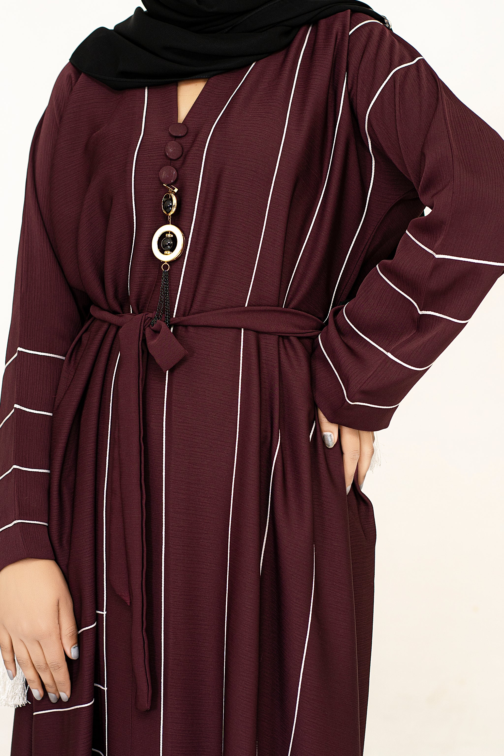 Closed Plum Abaya with Tassel and Matching Belt