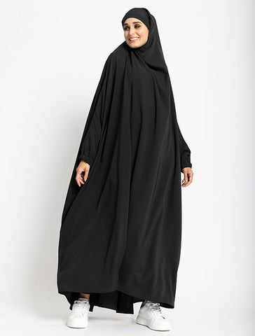 Black 1 Piece Jilbab by Uniquewallart Abaya for Women, Front Side Detailed View