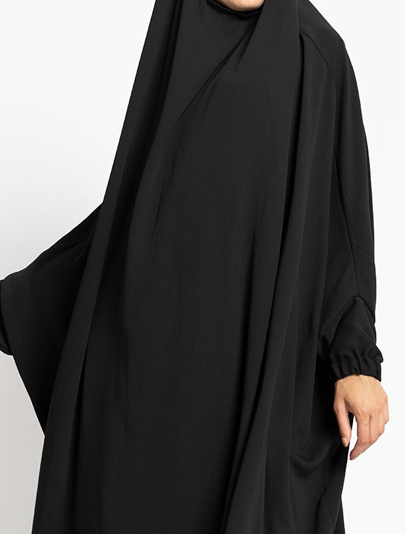 Black 2 Piece Jilbab by Uniquewallart Abaya for Women, Front Side Close-Up