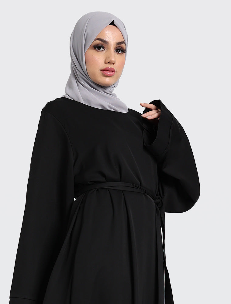Black Plain Abaya by Uniquewallart for Women, Front Side Close-Up