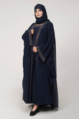 Chiffon Batwing Blue Abaya by Uniquewallart Abaya for Women, Front Side Detailed View