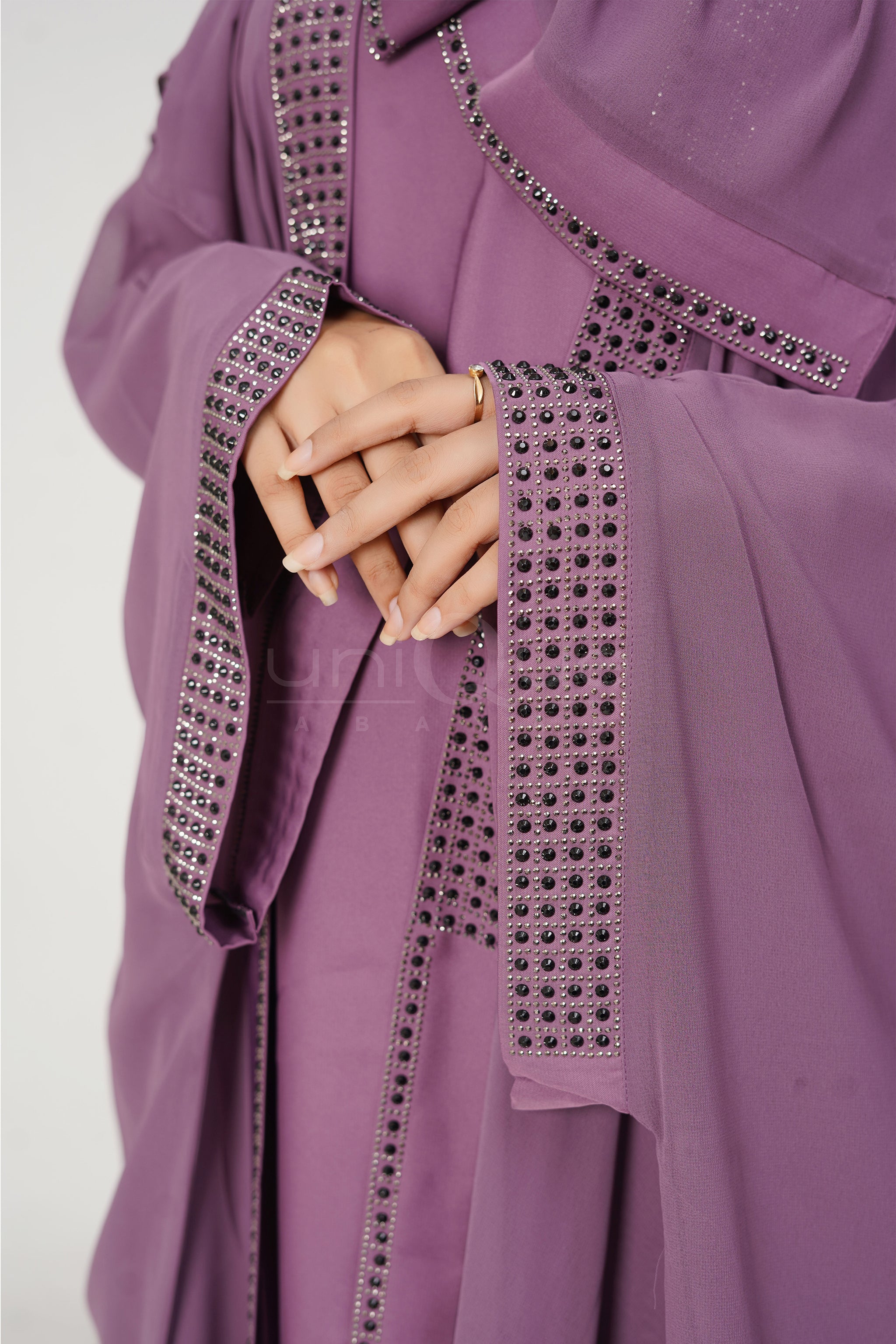 Chiffon Batwing Purple Abaya by Uniquewallart Abaya for Women, Front Side Close-Up Detailed
