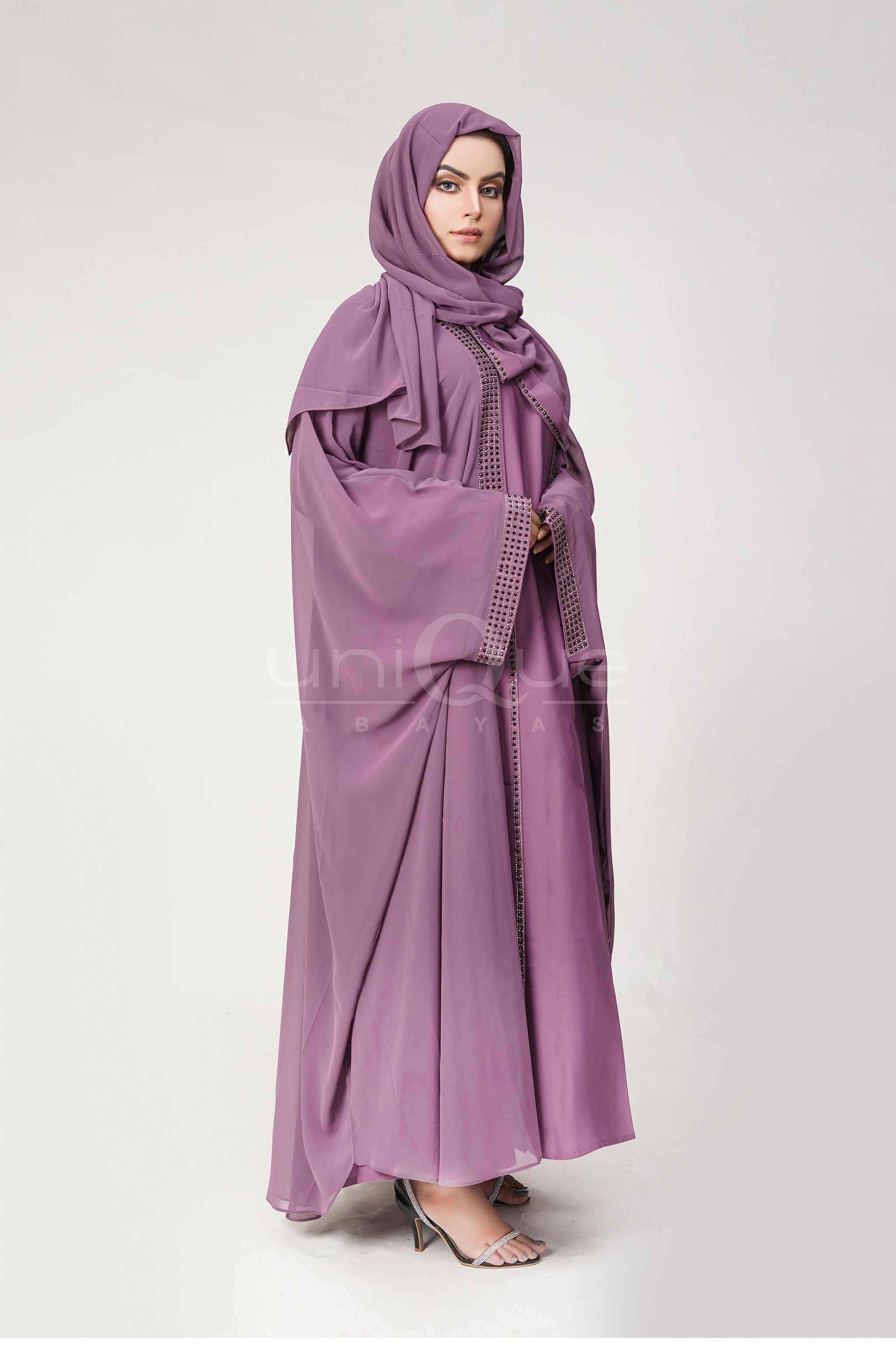 Chiffon Batwing Purple Abaya by Uniquewallart Abaya for Women, Front Side View