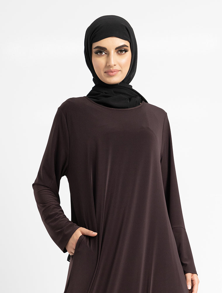 Chocolate Inigo Abaya by Uniquewallart Abaya for Women, Front Side Close-Up