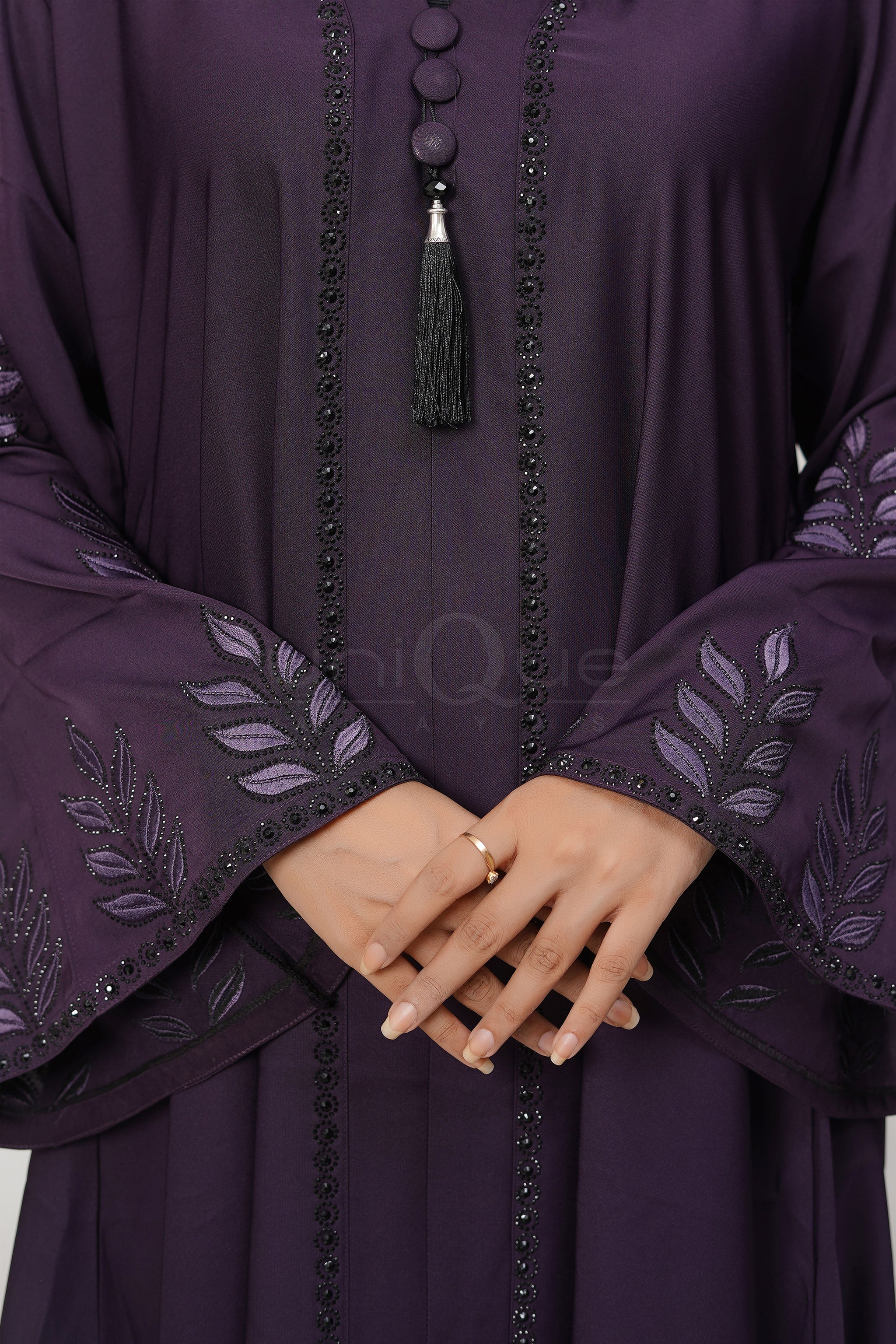 Embroidered Stone Purple Abaya by Uniquewallart Abaya for Women, Front Side Close-Up