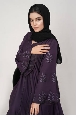 Embroidered Stone Purple Abaya by Uniquewallart Abaya for Women, Front Side Detailed View