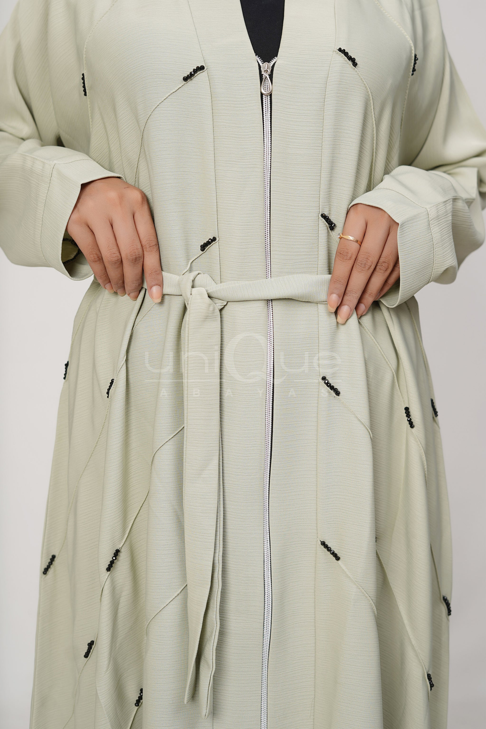 Full Zip Embellished Mint Abaya by Uniquewallart Abaya for Women, Front Side Close-Up Detailed