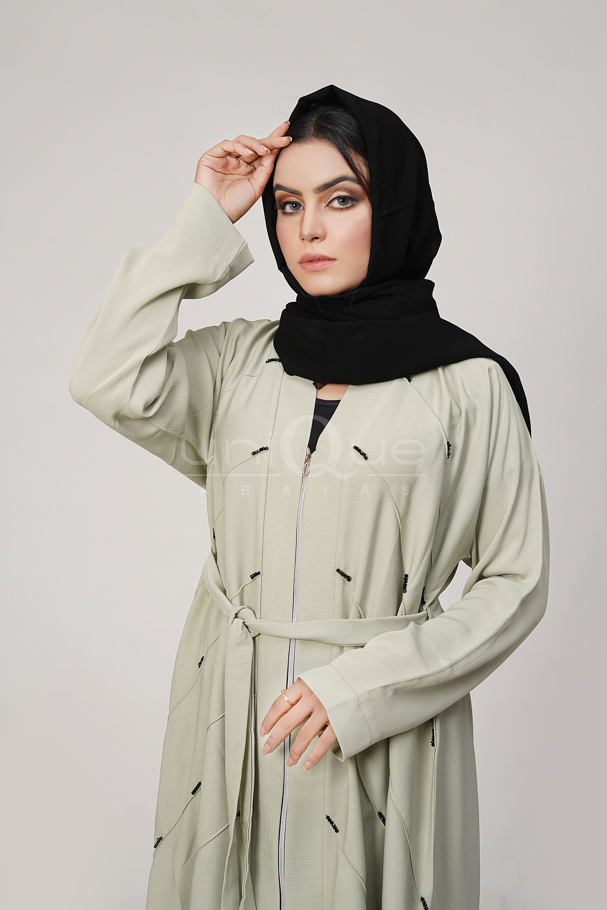 Full Zip Embellished Mint Abaya by Uniquewallart Abaya for Women, Front Side Close-Up