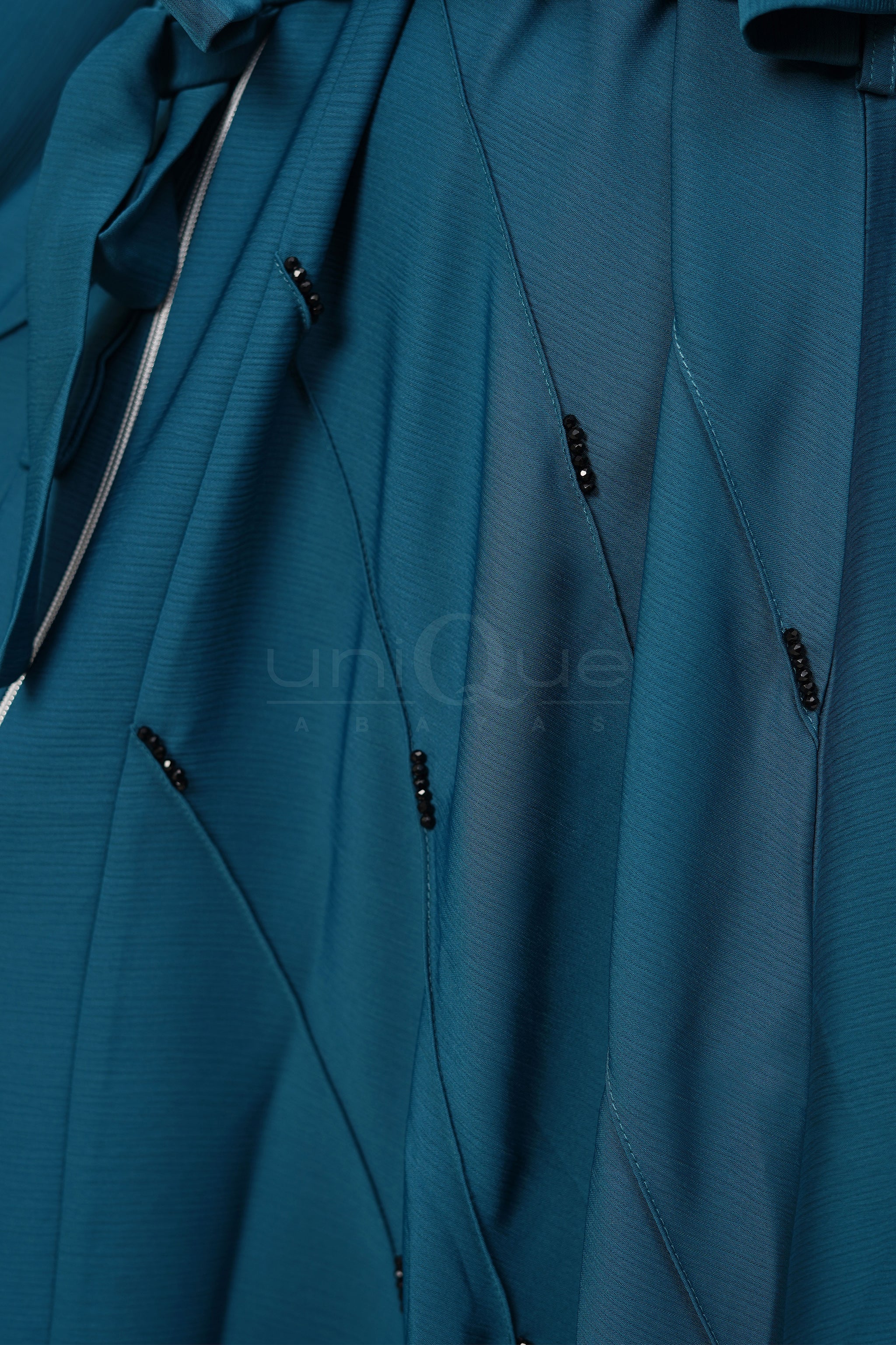 Full Zip Embellished Turquoise Abaya by Uniquewallart Abaya for Women, Fabric Detail