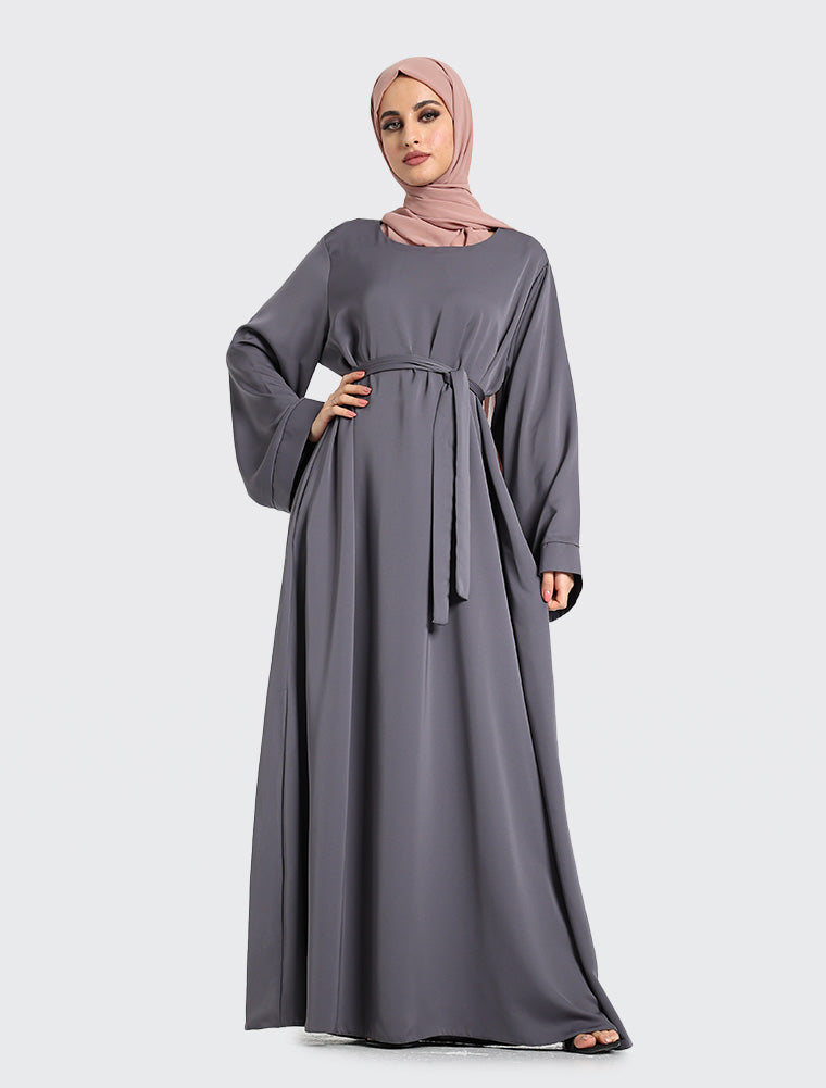 Grey Plain Abaya by Uniquewallart for Women, Front Side Detailed View