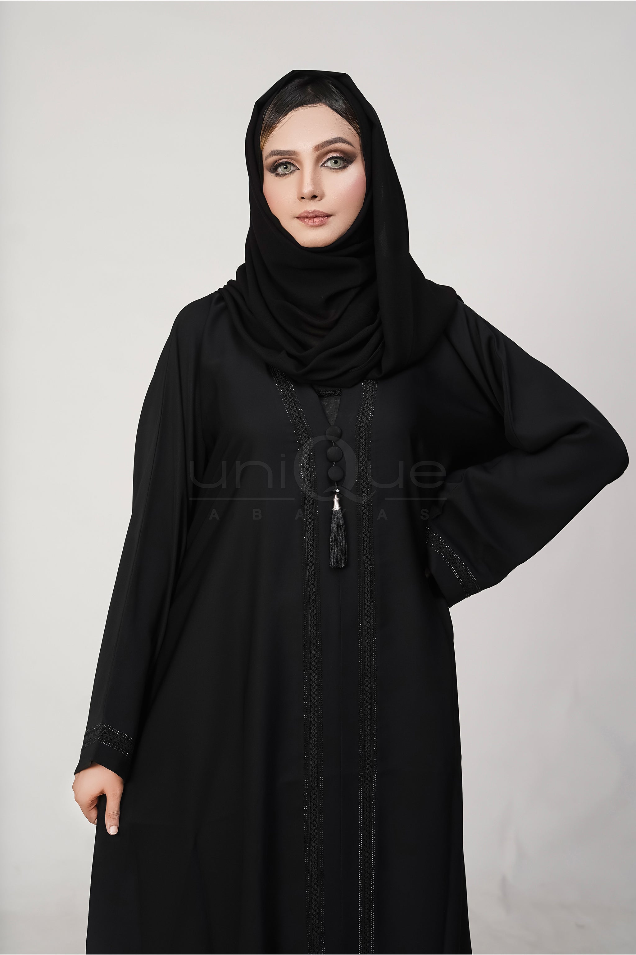 Lace Tassel Black Abaya by Uniquewallart Abaya for Women, Front Side Detailed View