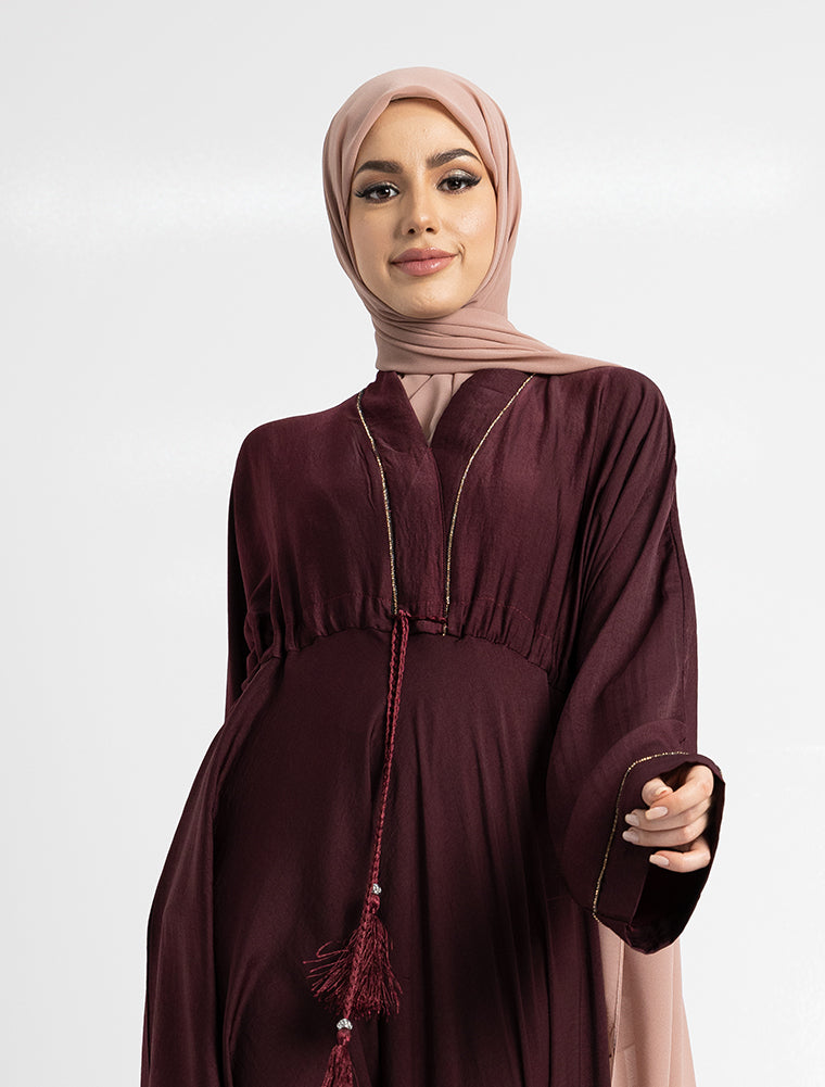 Maroon Empress Closed Abaya For Muslim Women Uniquewallart Abaya For Women Front Side Close Up Detailed