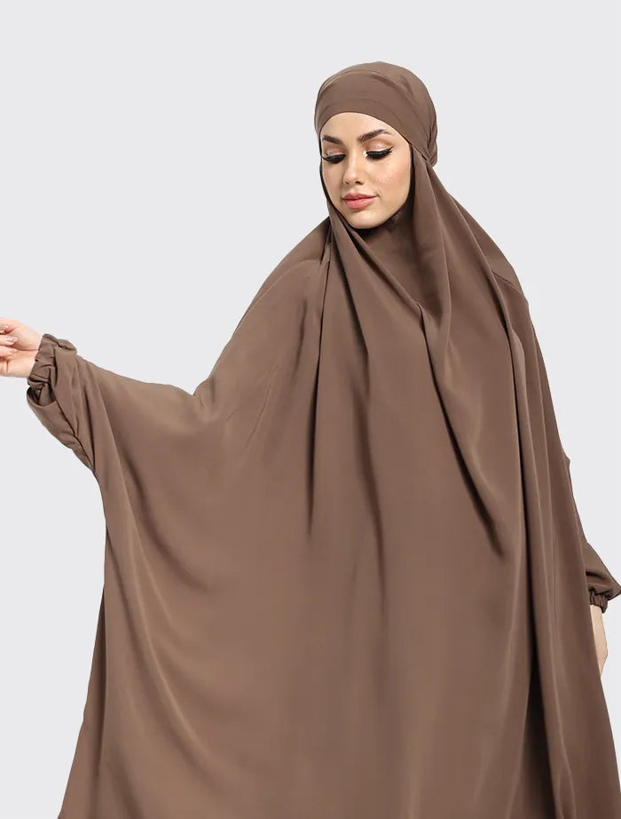 Mocha 2 Piece Jilbab by Uniquewallart Abaya for Women, Front Side Close-Up