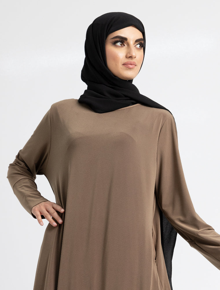Mocha Inigo Abaya Uniquewallart Abaya for Women Front Side Close Up