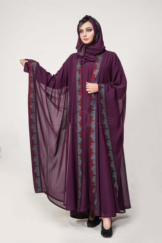 Purple Kaftan Abaya with Hoodie by Uniquewallart Abaya for Women, Front Side View