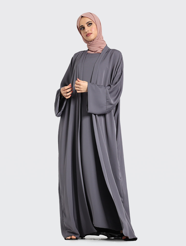 Simple Grey Abaya Dress For Women - 2 Piece Set Uniquewallart Abaya for Women Front Side Right View