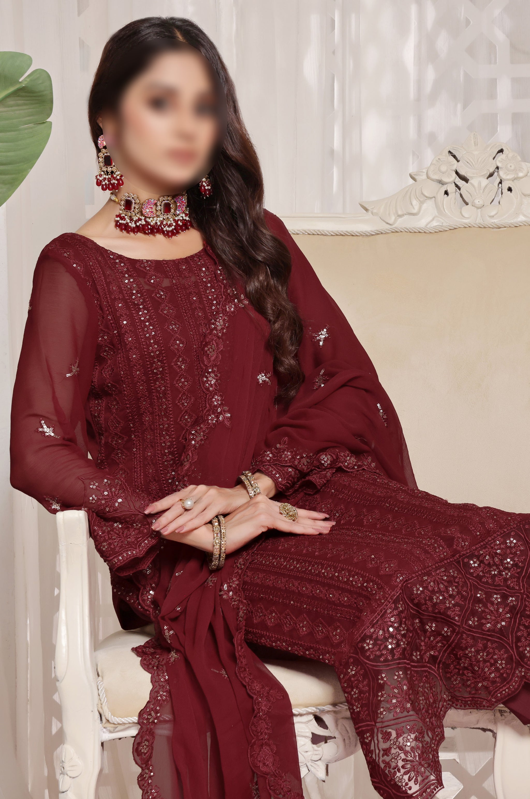 Maroon – Traditional Embroidered 3-Piece Set