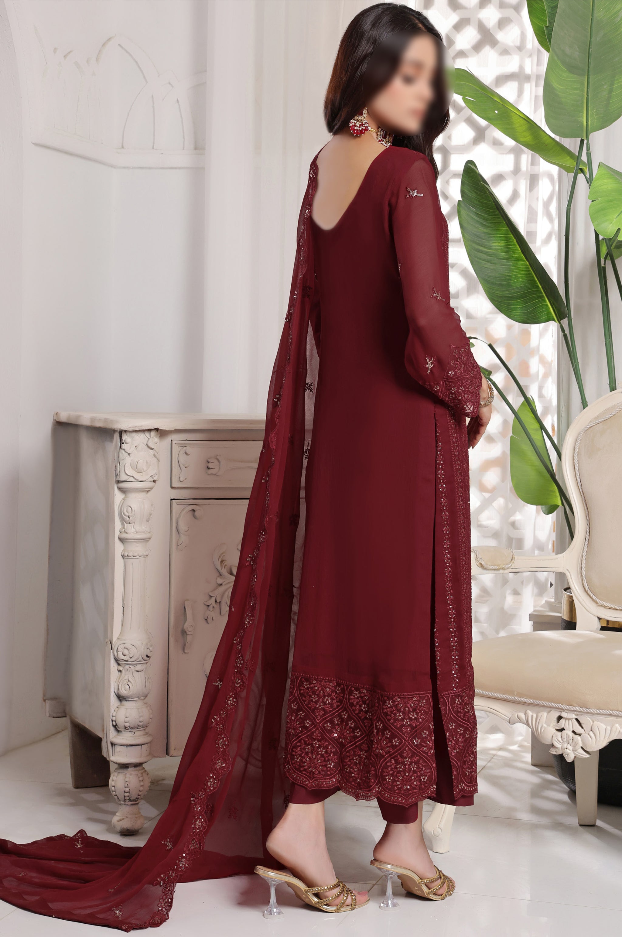 Maroon – Traditional Embroidered 3-Piece Set