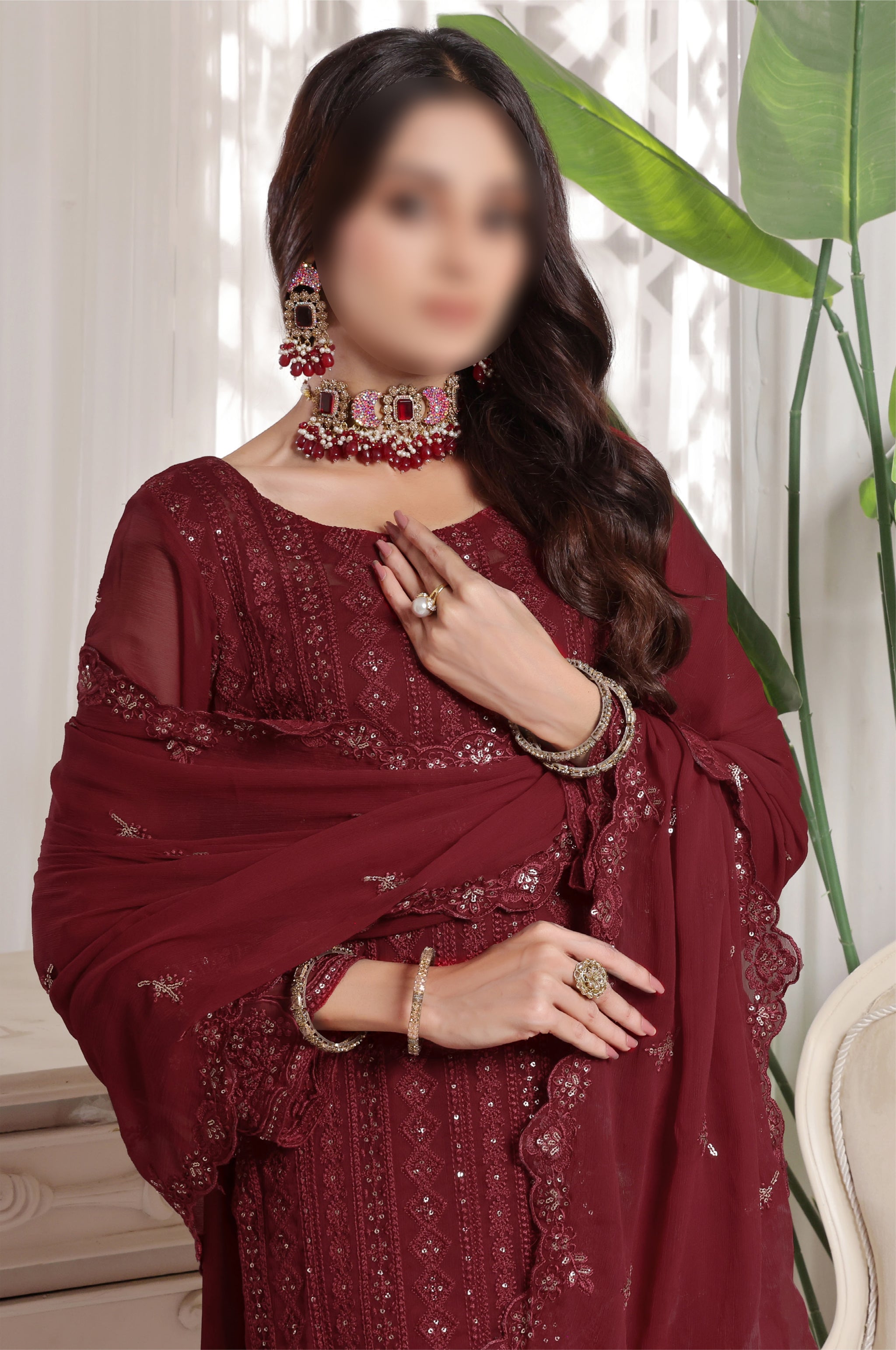 Maroon – Traditional Embroidered 3-Piece Set