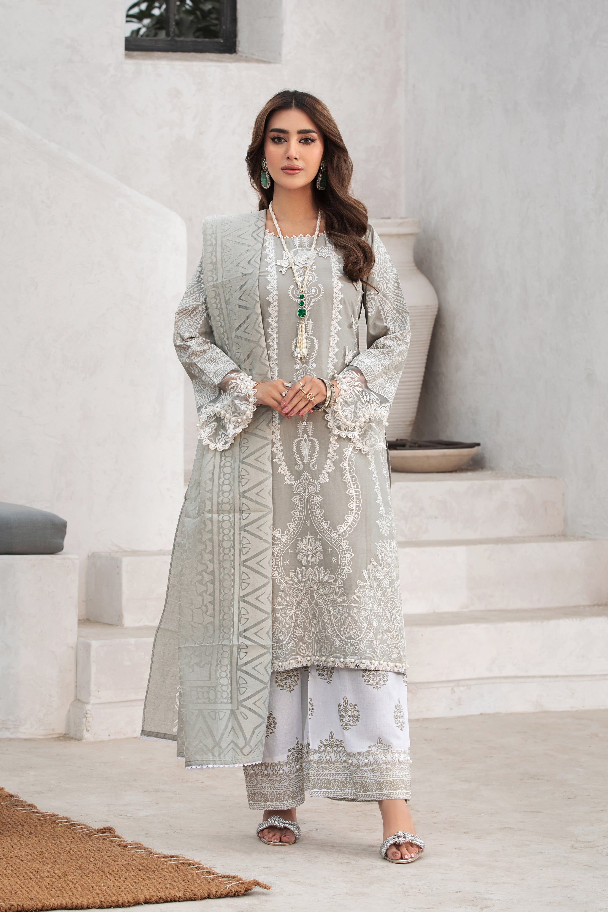 Grey Traditional Wear - Embroidered 3-Piece Set