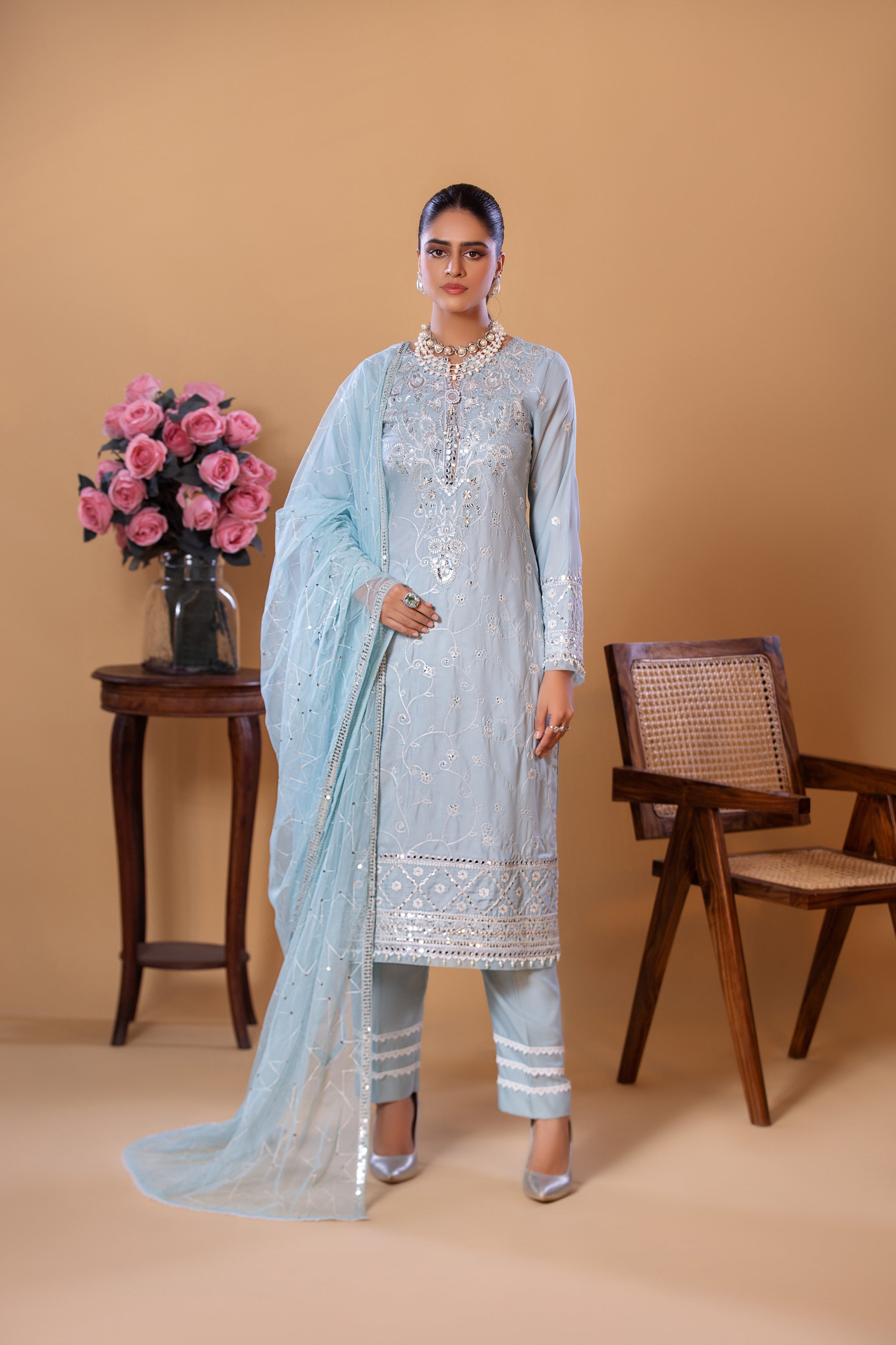 Sky Blue Traditional Wear - Embroidered 3-Piece Set