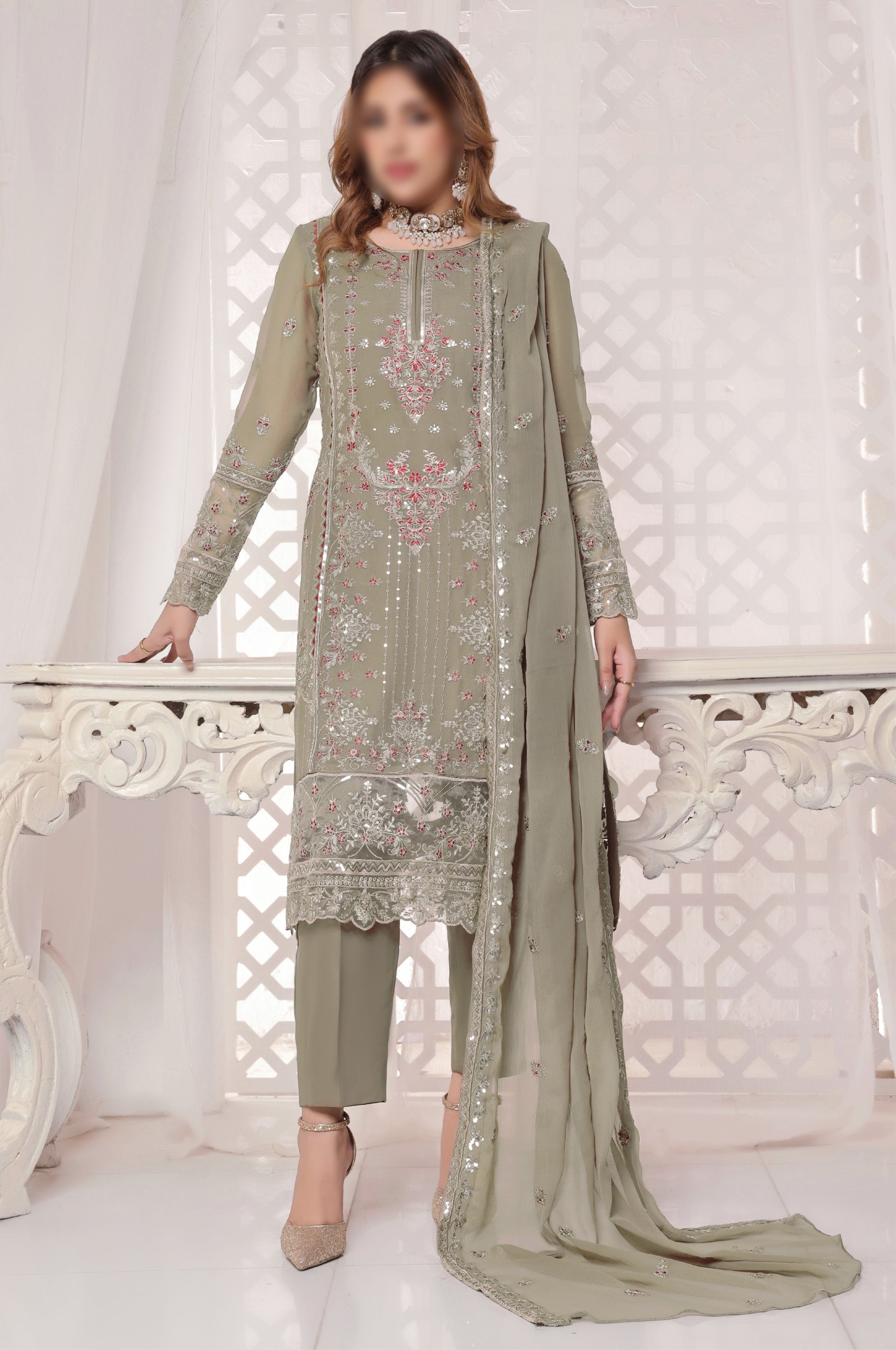 Luxury Sage  – Traditional Embroidered 3-Piece Set
