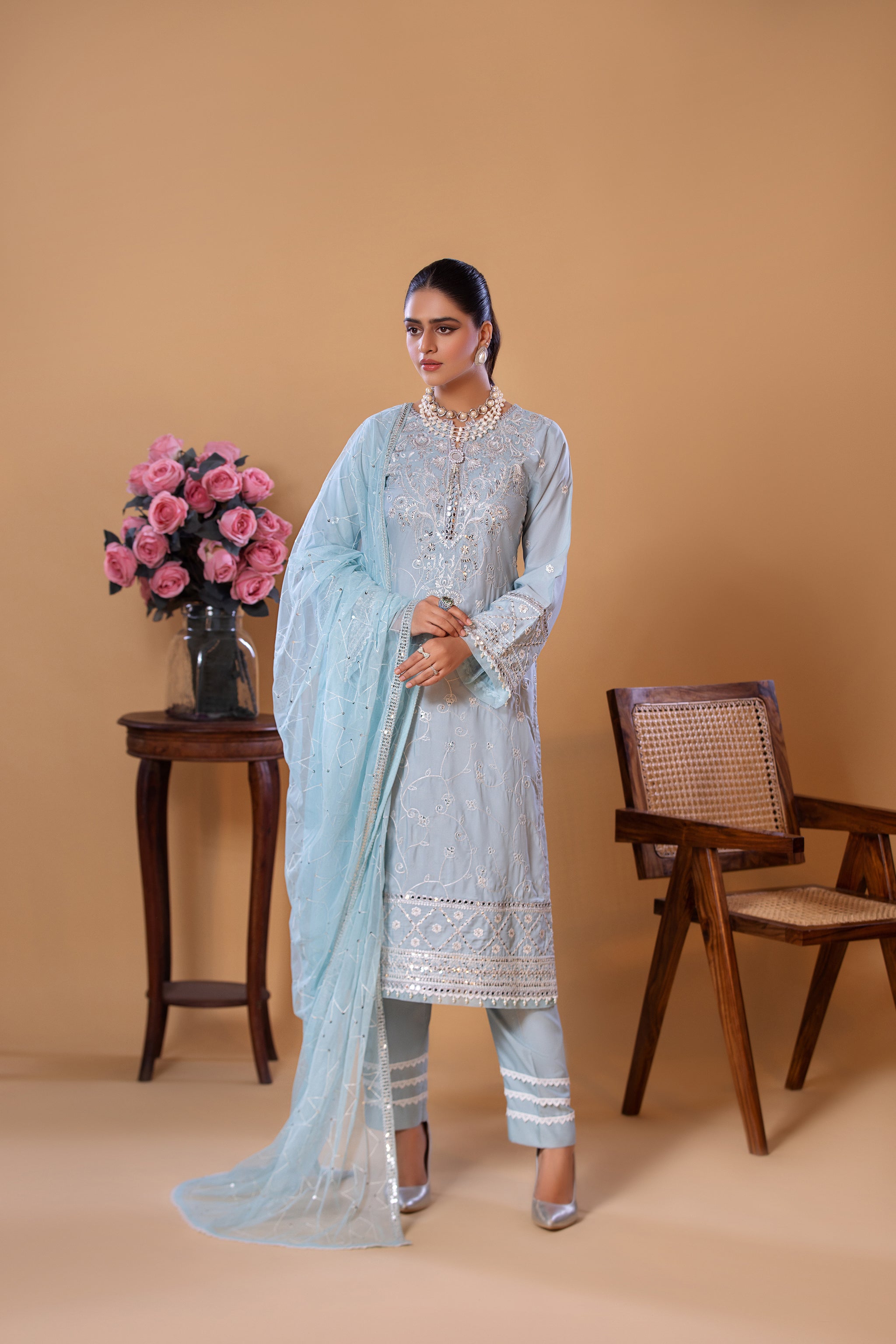 Sky Blue Traditional Wear - Embroidered 3-Piece Set