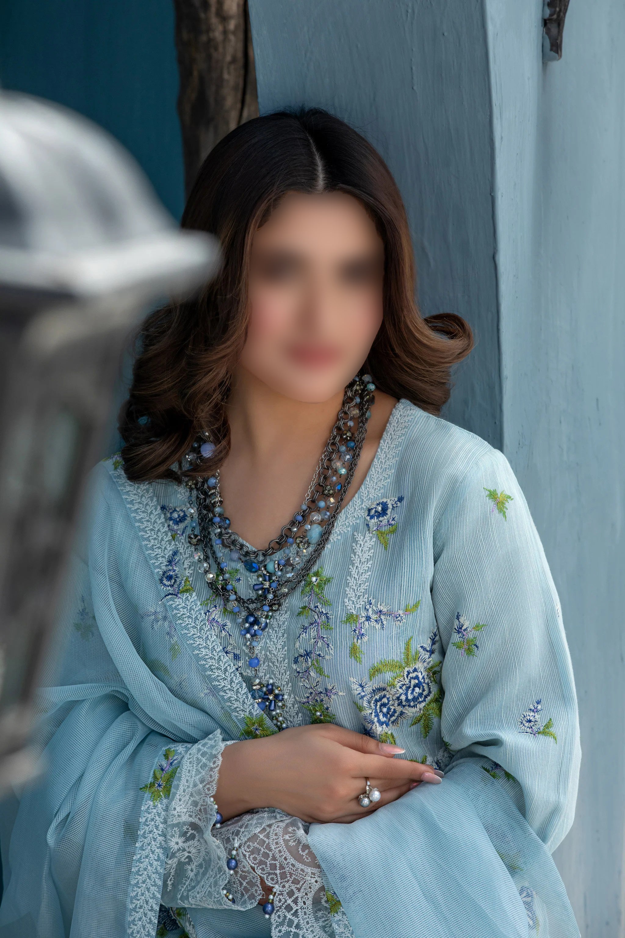 Light Blue Traditional Wear - Embroidered 3-Piece Set