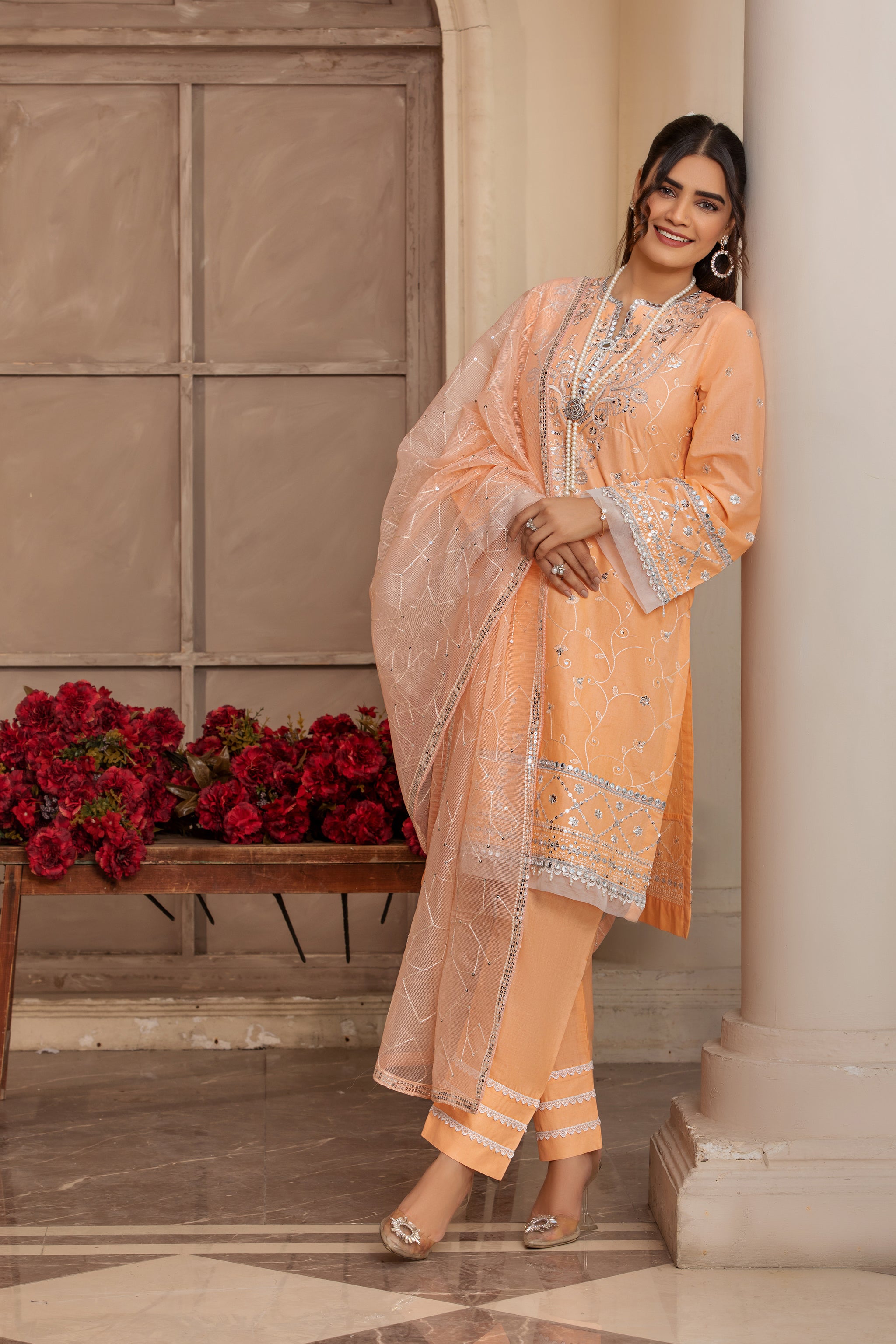 Peach Traditional Wear - Embroidered 3-Piece Set