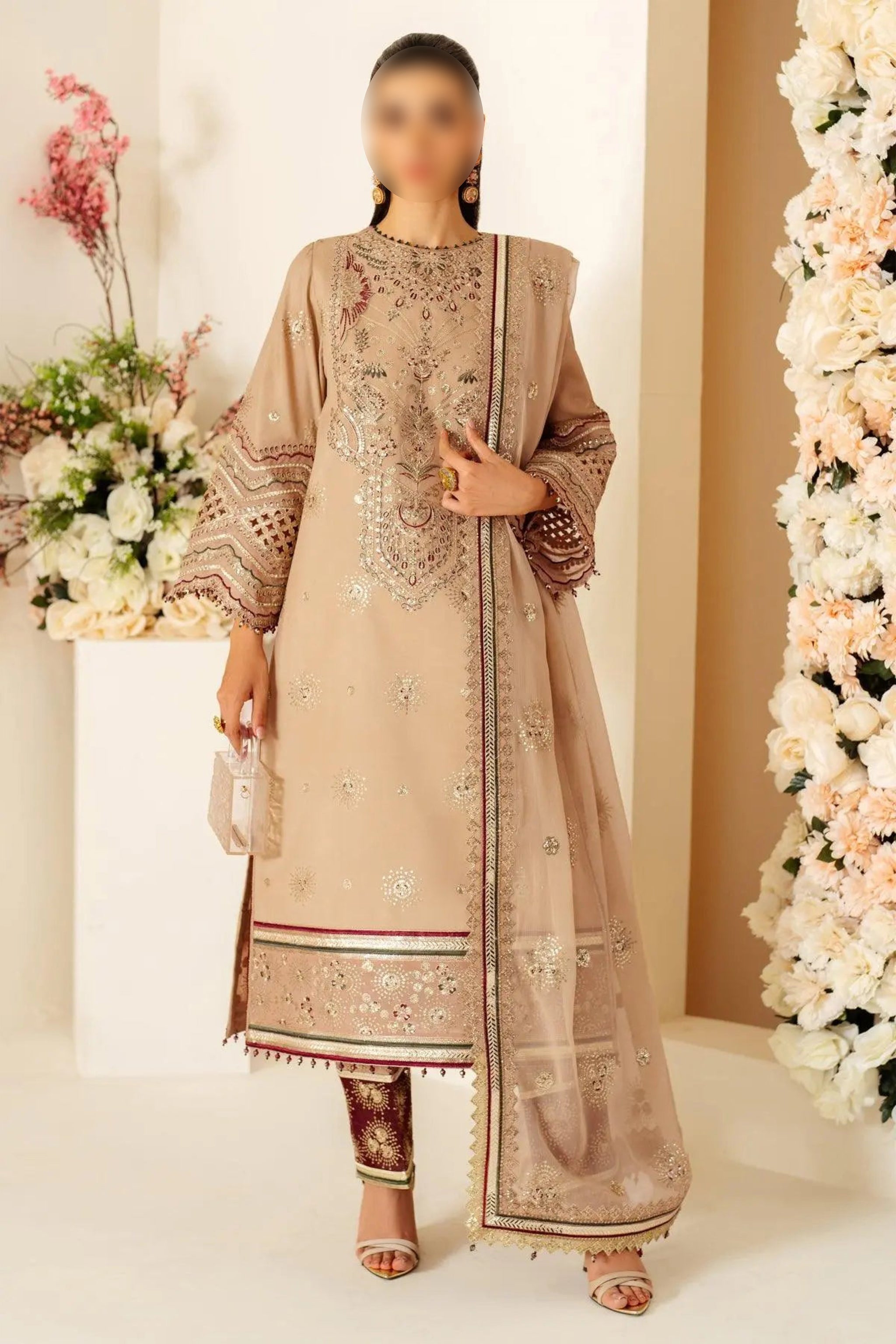 Soft Tan – Traditional Embroidered 3-Piece Set