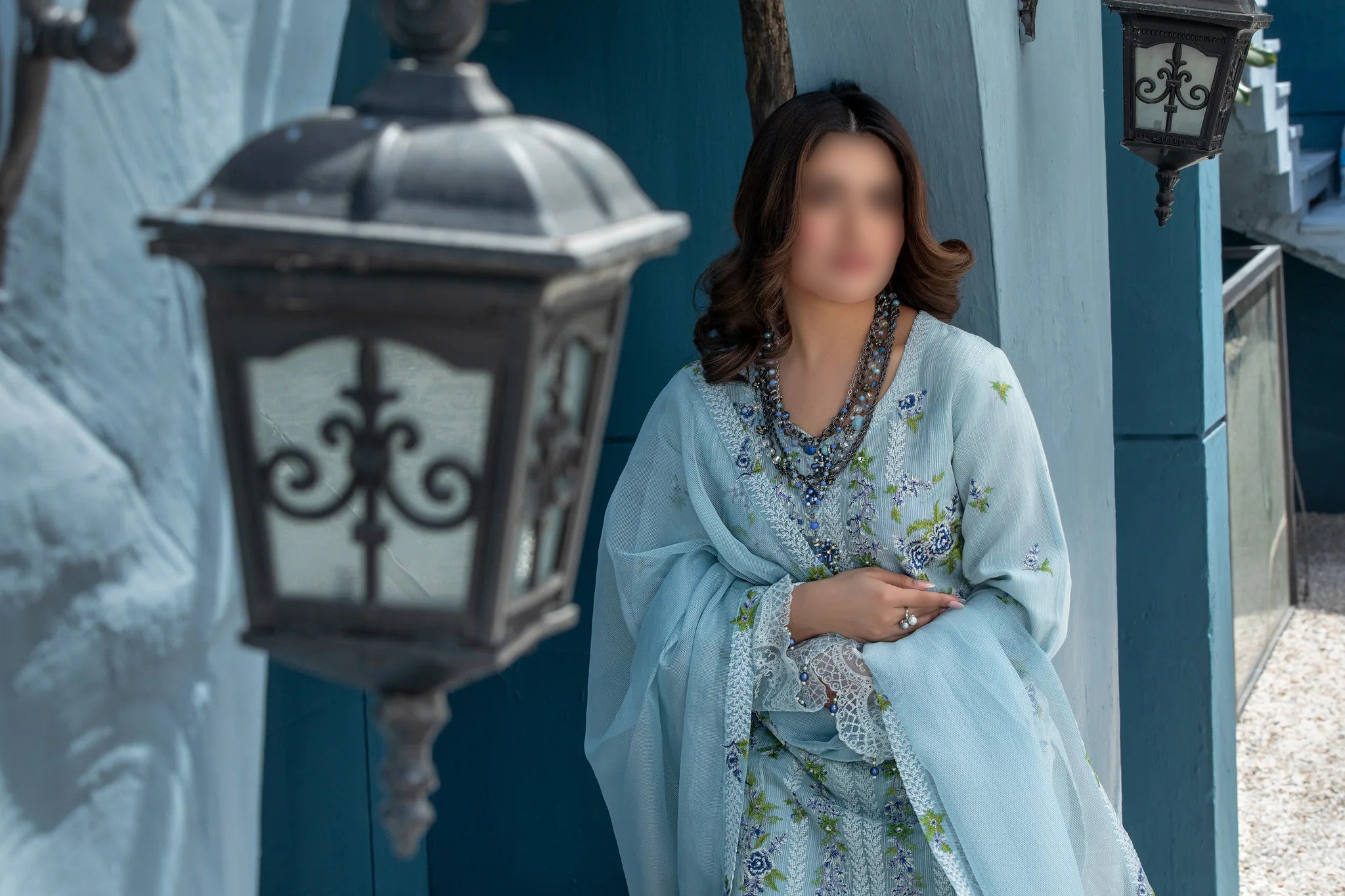 Light Blue Traditional Wear - Embroidered 3-Piece Set
