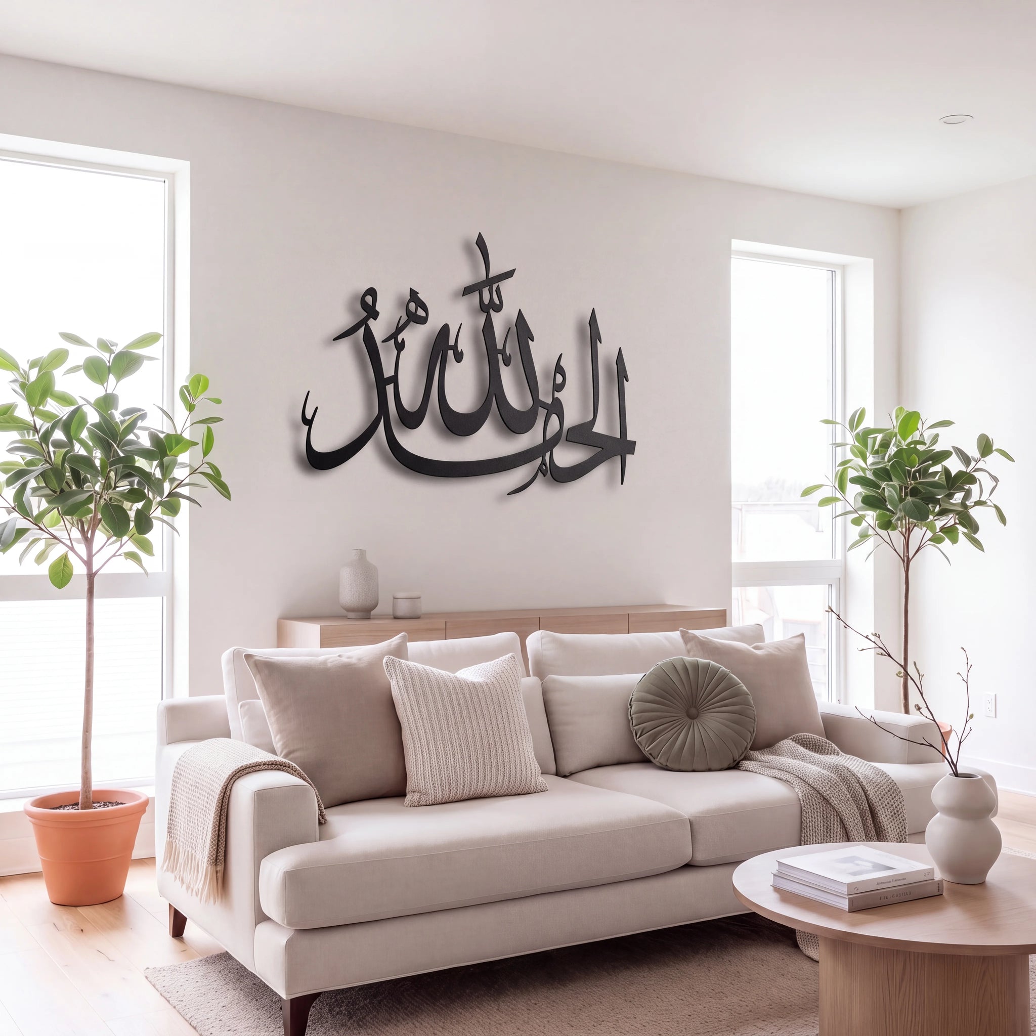 Black Alhamdulillah metal Arabic calligraphy wall art mounted on a light beige wall above a modern beige sofa in a bright, contemporary living room.