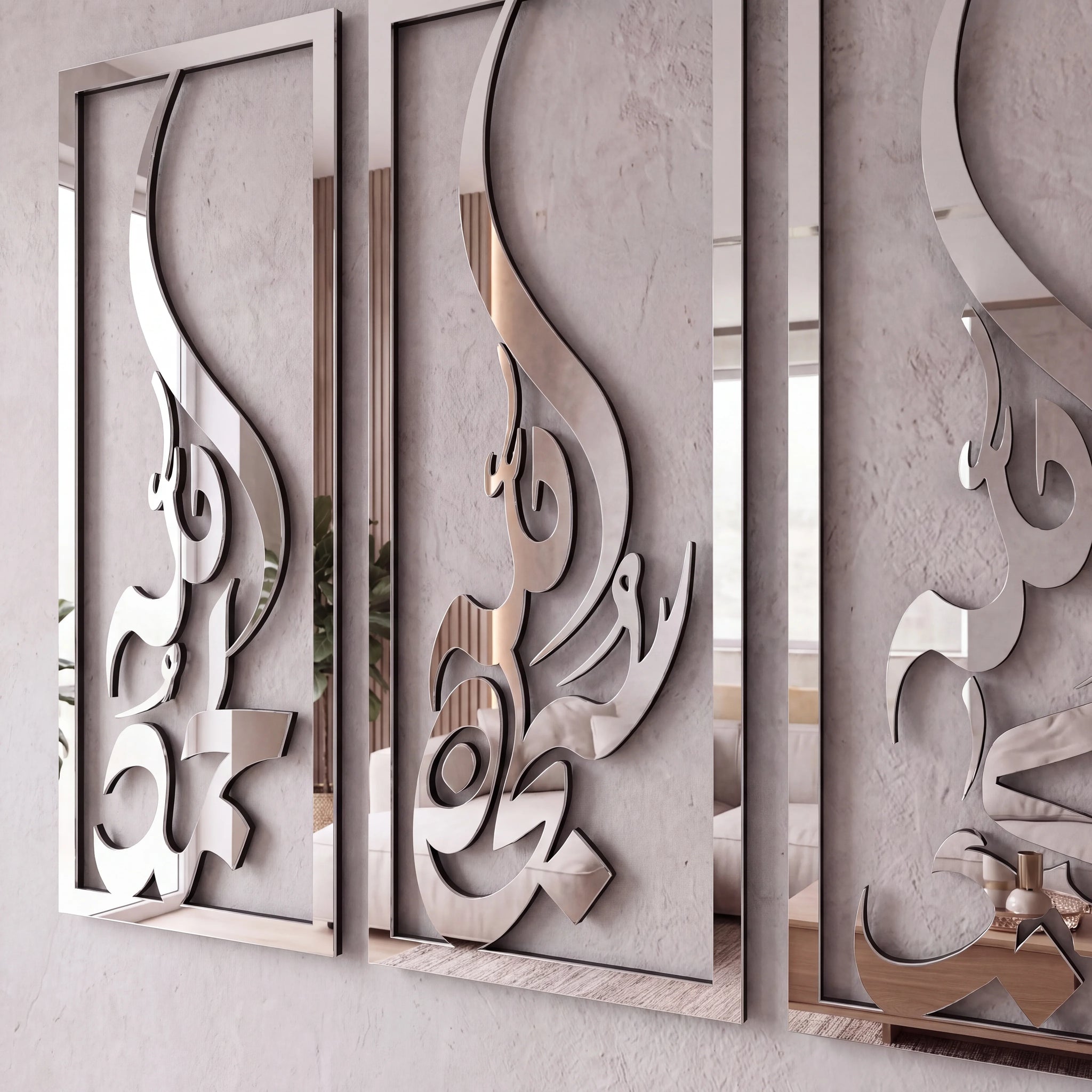 Three vertical rectangular wall mirrors with reflective silver abstract scroll designs mounted on a light textured wall.