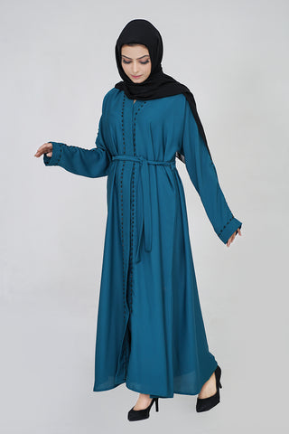 Open Embellishment Turquoise Abaya with Belt