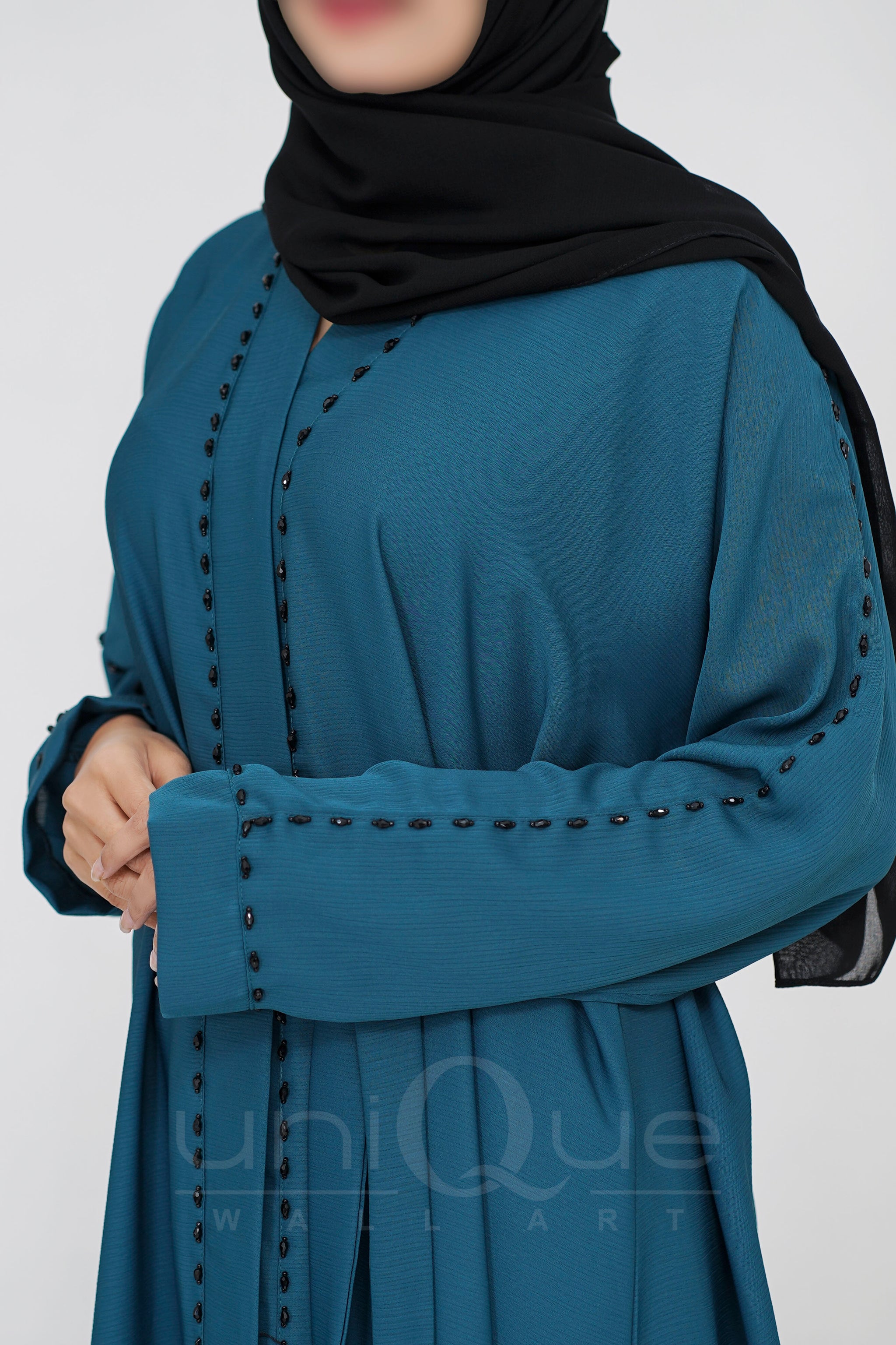 Open Embellishment Turquoise Abaya with Belt