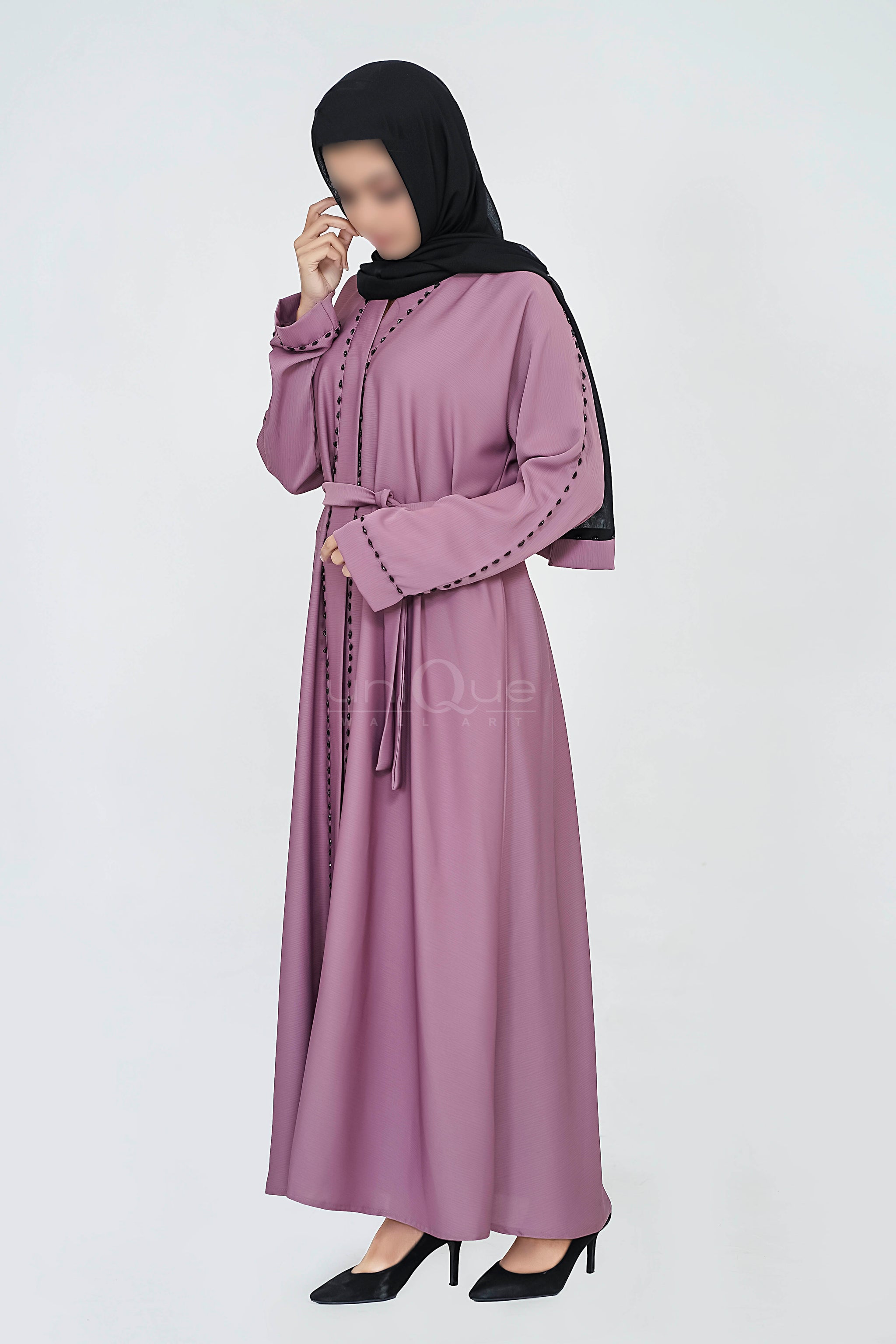 Open Embellishment Pink Abaya with Matching Belt