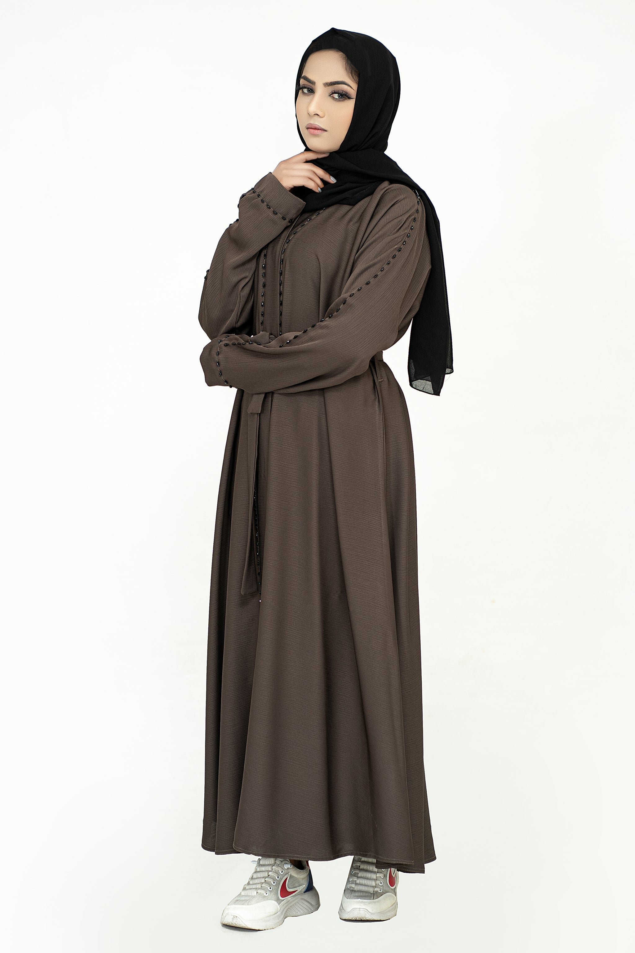 Open Embellishment Chocolate Abaya with Belt