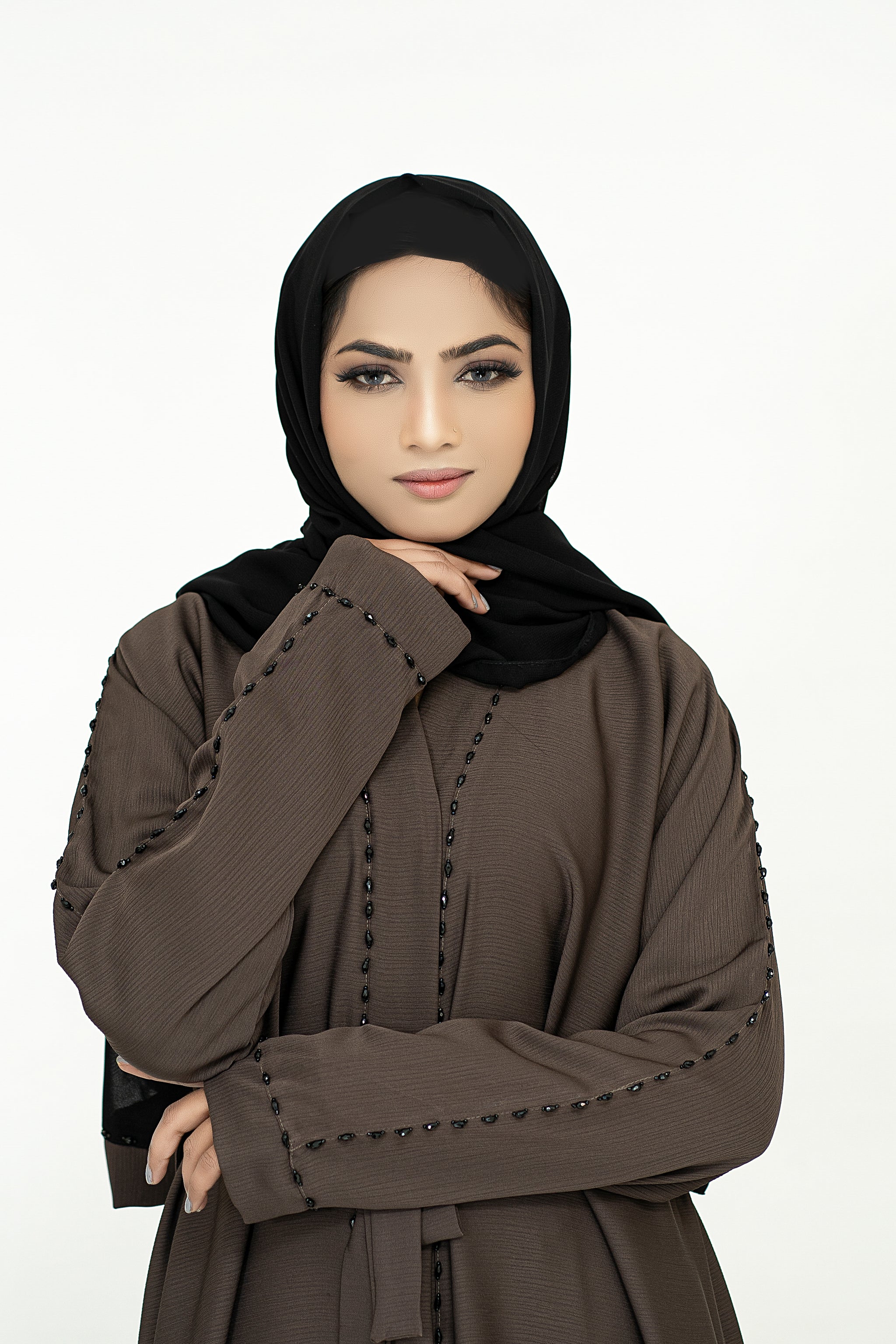 Open Embellishment Chocolate Abaya with Belt