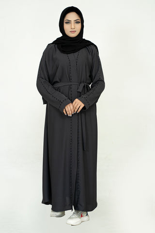 Open Embellishment Grey Abaya with Matching Belt