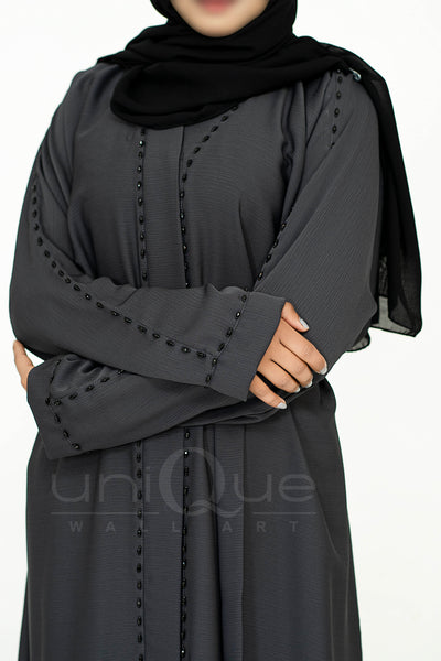 Open Embellishment Grey Abaya with Matching Belt