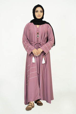 Closed Pink Abaya with Tassel and Matching Belt