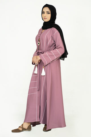 Closed Pink Abaya with Tassel and Matching Belt