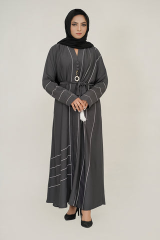 Closed Grey Abaya with Tassel and Matching Belt