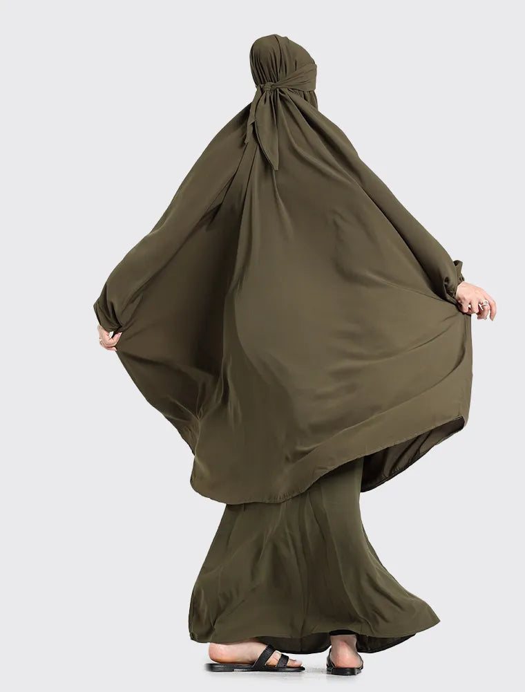 Olive 2 Piece Jilbab by Uniquewallart Abaya for Women, Back Side View