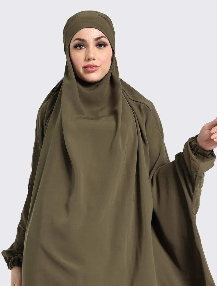 Olive 2 Piece Jilbab by Uniquewallart Abaya for Women, Front Side Close-Up
