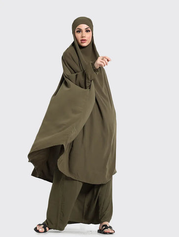 Olive 2 Piece Jilbab by Uniquewallart Abaya for Women, Front Side Detailed View