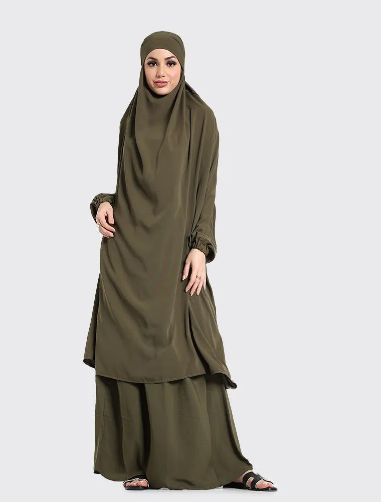 Olive 2 Piece Jilbab by Uniquewallart Abaya for Women, Front Side View