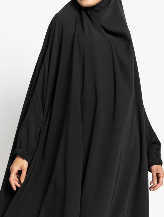 Black 1 Piece Jilbab by Uniquewallart Abaya for Women, Front Side Close-Up